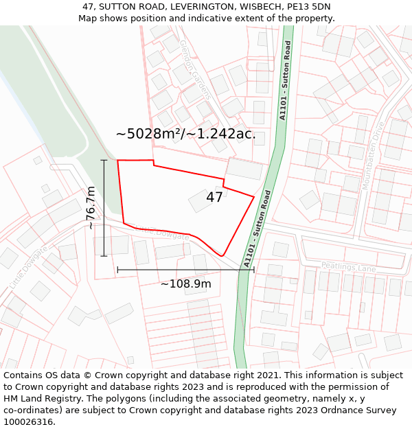 47, SUTTON ROAD, LEVERINGTON, WISBECH, PE13 5DN: Plot and title map