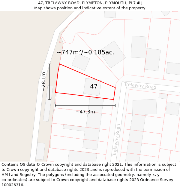 47, TRELAWNY ROAD, PLYMPTON, PLYMOUTH, PL7 4LJ: Plot and title map