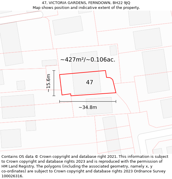 47, VICTORIA GARDENS, FERNDOWN, BH22 9JQ: Plot and title map