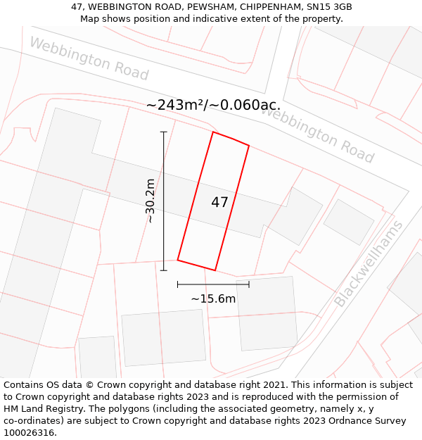 47, WEBBINGTON ROAD, PEWSHAM, CHIPPENHAM, SN15 3GB: Plot and title map