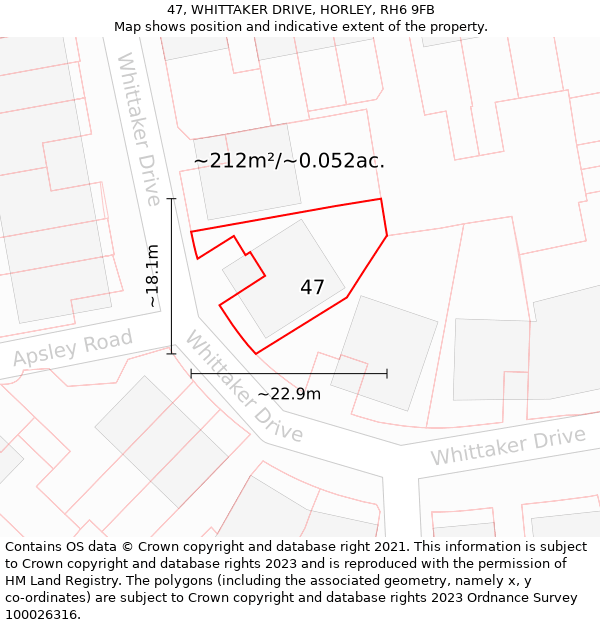 47, WHITTAKER DRIVE, HORLEY, RH6 9FB: Plot and title map