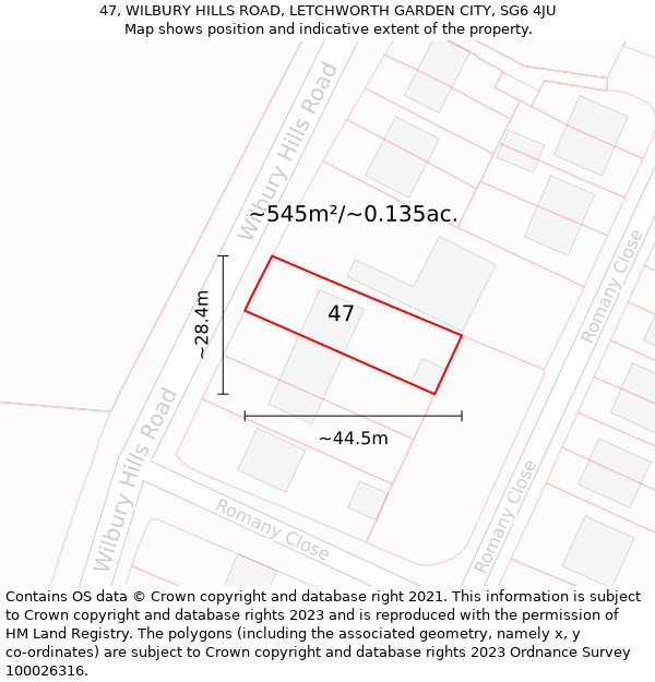 47, WILBURY HILLS ROAD, LETCHWORTH GARDEN CITY, SG6 4JU: Plot and title map