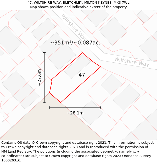 47, WILTSHIRE WAY, BLETCHLEY, MILTON KEYNES, MK3 7WL: Plot and title map