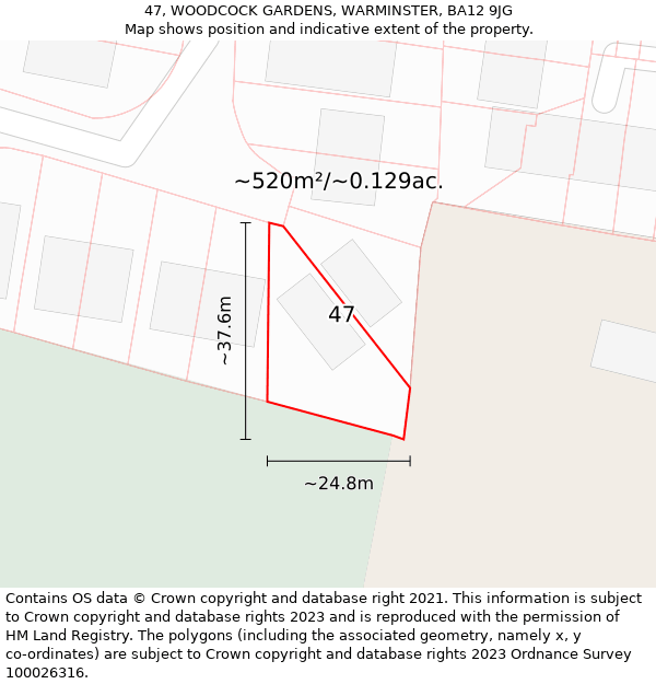 47, WOODCOCK GARDENS, WARMINSTER, BA12 9JG: Plot and title map