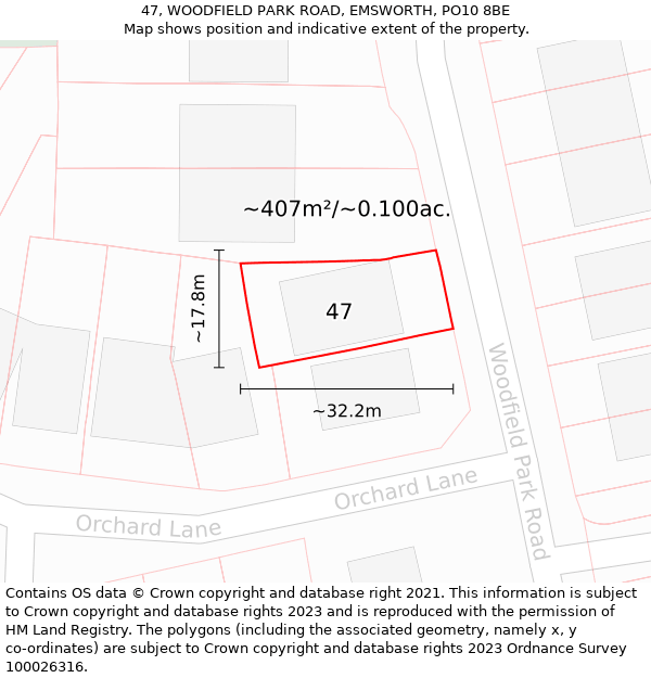 47, WOODFIELD PARK ROAD, EMSWORTH, PO10 8BE: Plot and title map