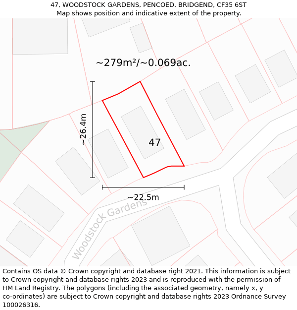 47, WOODSTOCK GARDENS, PENCOED, BRIDGEND, CF35 6ST: Plot and title map