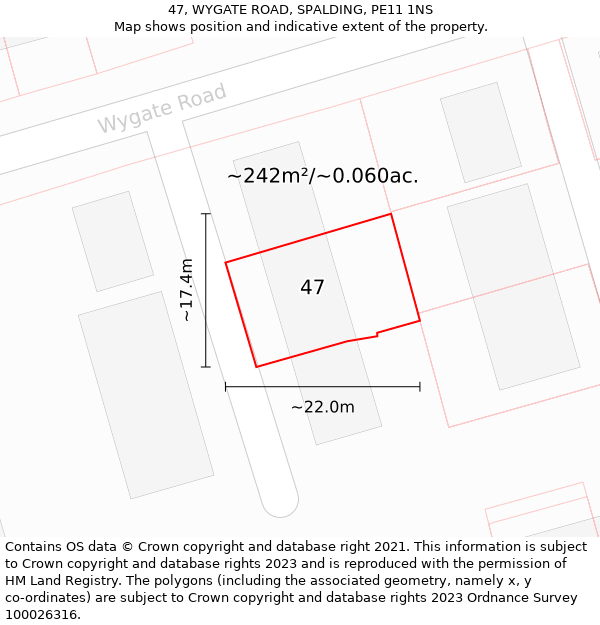 47, WYGATE ROAD, SPALDING, PE11 1NS: Plot and title map