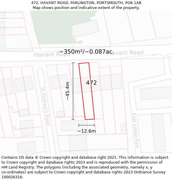 472, HAVANT ROAD, FARLINGTON, PORTSMOUTH, PO6 1AB: Plot and title map