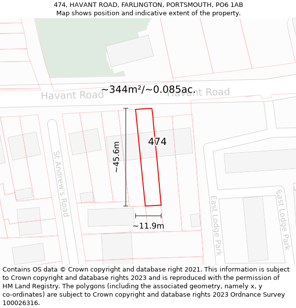 474, HAVANT ROAD, FARLINGTON, PORTSMOUTH, PO6 1AB: Plot and title map