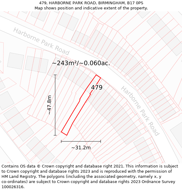 479, HARBORNE PARK ROAD, BIRMINGHAM, B17 0PS: Plot and title map