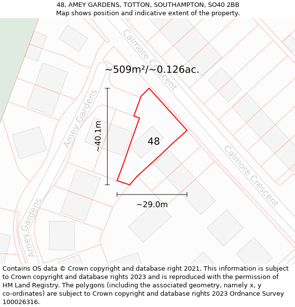 48, AMEY GARDENS, TOTTON, SOUTHAMPTON, SO40 2BB: Plot and title map