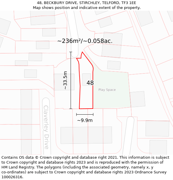 48, BECKBURY DRIVE, STIRCHLEY, TELFORD, TF3 1EE: Plot and title map