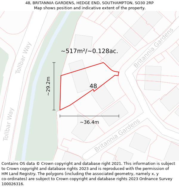 48, BRITANNIA GARDENS, HEDGE END, SOUTHAMPTON, SO30 2RP: Plot and title map