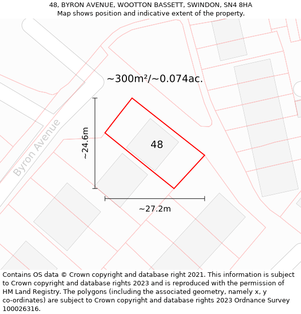 48, BYRON AVENUE, WOOTTON BASSETT, SWINDON, SN4 8HA: Plot and title map