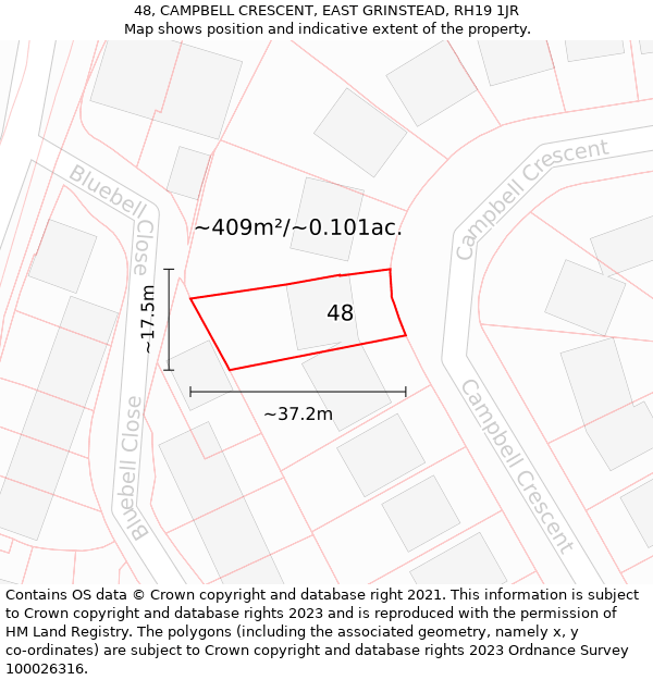 48, CAMPBELL CRESCENT, EAST GRINSTEAD, RH19 1JR: Plot and title map