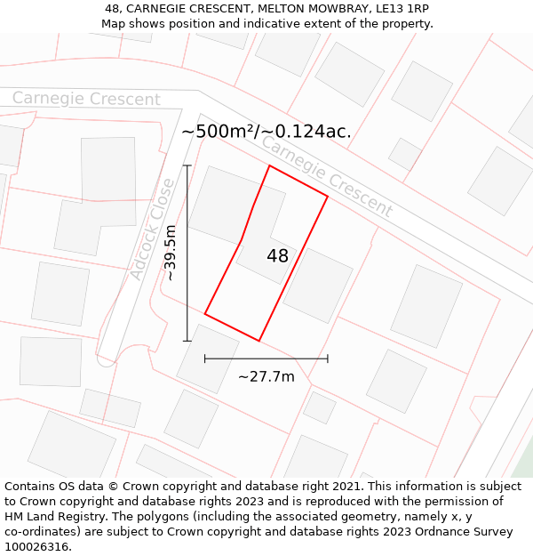 48, CARNEGIE CRESCENT, MELTON MOWBRAY, LE13 1RP: Plot and title map