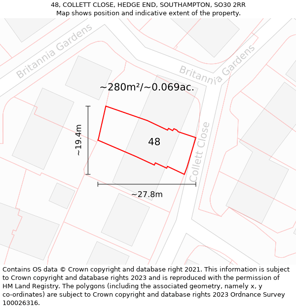 48, COLLETT CLOSE, HEDGE END, SOUTHAMPTON, SO30 2RR: Plot and title map