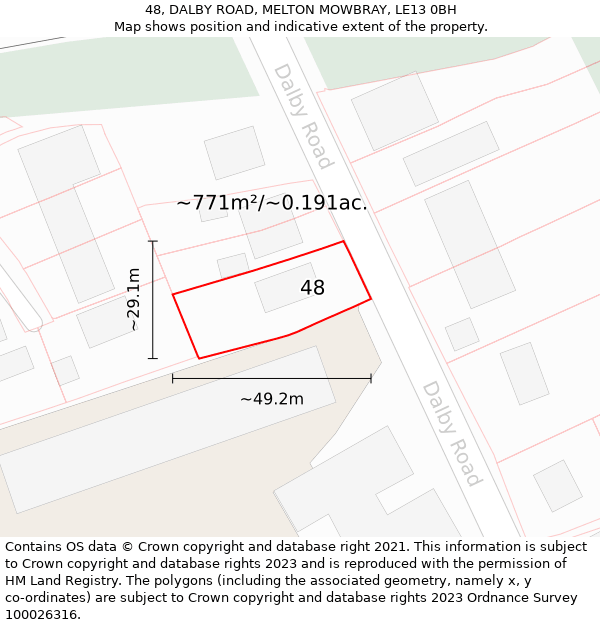 48, DALBY ROAD, MELTON MOWBRAY, LE13 0BH: Plot and title map