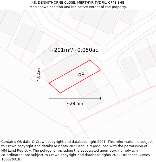 48, DENNITHORNE CLOSE, MERTHYR TYDFIL, CF48 3HE: Plot and title map