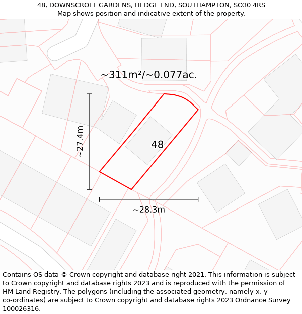 48, DOWNSCROFT GARDENS, HEDGE END, SOUTHAMPTON, SO30 4RS: Plot and title map