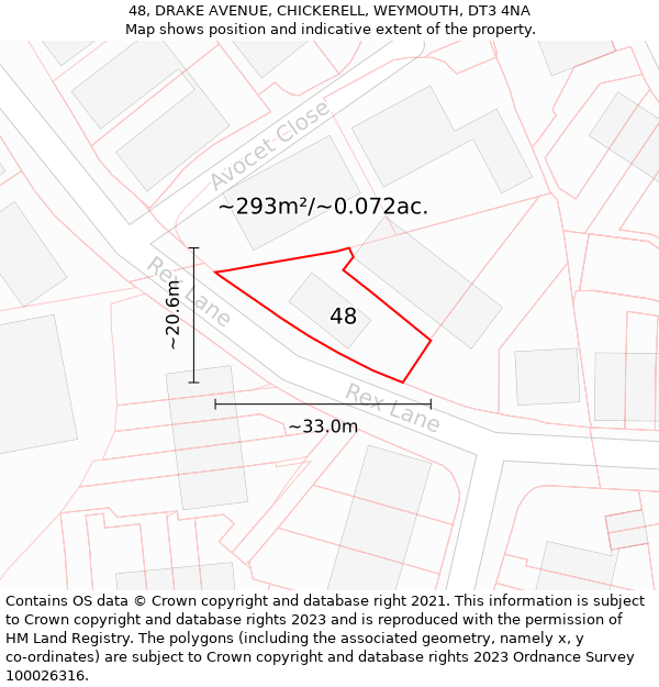 48, DRAKE AVENUE, CHICKERELL, WEYMOUTH, DT3 4NA: Plot and title map