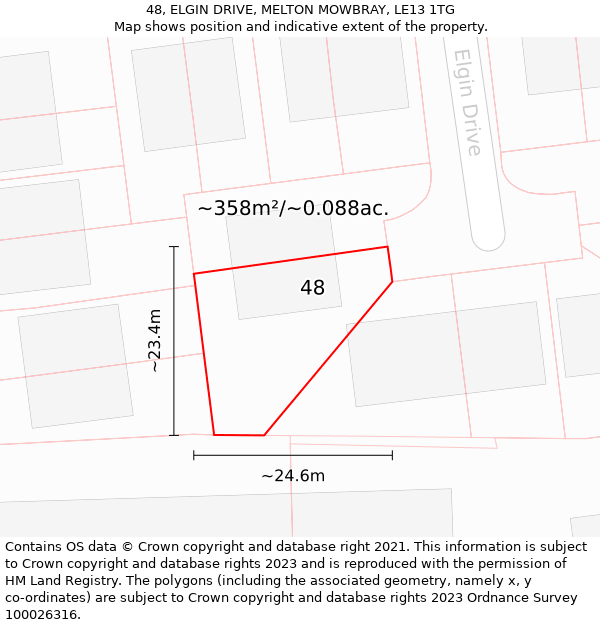 48, ELGIN DRIVE, MELTON MOWBRAY, LE13 1TG: Plot and title map