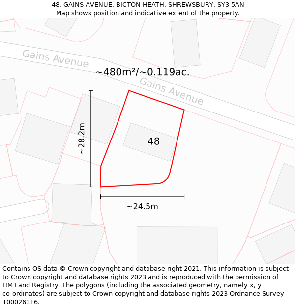 48, GAINS AVENUE, BICTON HEATH, SHREWSBURY, SY3 5AN: Plot and title map