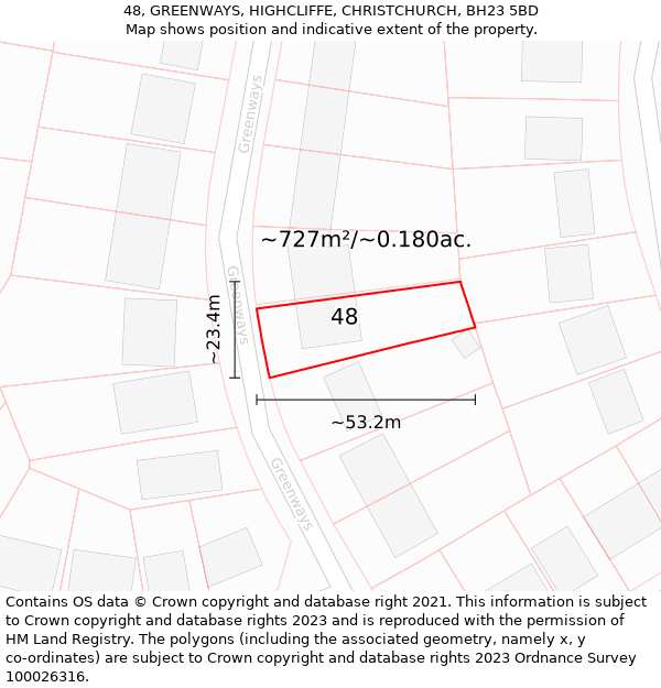 48, GREENWAYS, HIGHCLIFFE, CHRISTCHURCH, BH23 5BD: Plot and title map