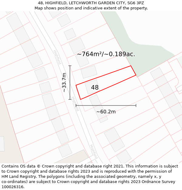 48, HIGHFIELD, LETCHWORTH GARDEN CITY, SG6 3PZ: Plot and title map