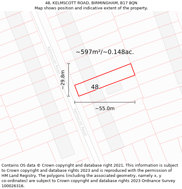 48, KELMSCOTT ROAD, BIRMINGHAM, B17 8QN: Plot and title map