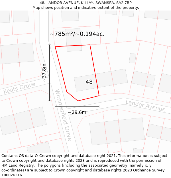 48, LANDOR AVENUE, KILLAY, SWANSEA, SA2 7BP: Plot and title map