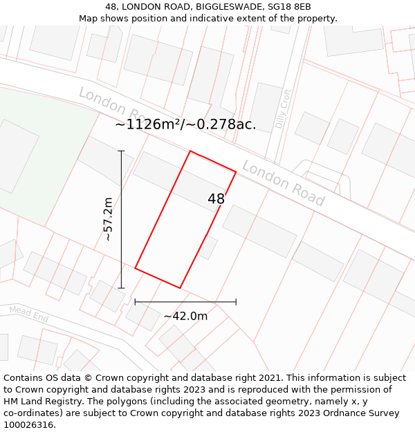 48, LONDON ROAD, BIGGLESWADE, SG18 8EB: Plot and title map