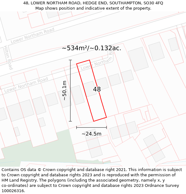 48, LOWER NORTHAM ROAD, HEDGE END, SOUTHAMPTON, SO30 4FQ: Plot and title map