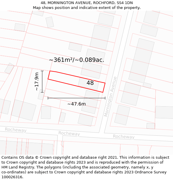 48, MORNINGTON AVENUE, ROCHFORD, SS4 1DN: Plot and title map