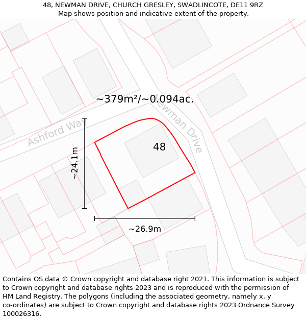 48, NEWMAN DRIVE, CHURCH GRESLEY, SWADLINCOTE, DE11 9RZ: Plot and title map