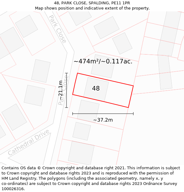 48, PARK CLOSE, SPALDING, PE11 1PR: Plot and title map