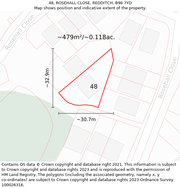 48, ROSEHALL CLOSE, REDDITCH, B98 7YD: Plot and title map