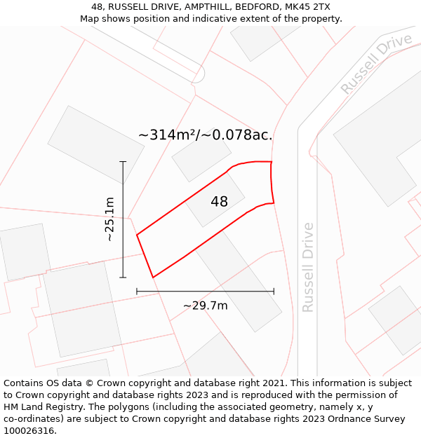 48, RUSSELL DRIVE, AMPTHILL, BEDFORD, MK45 2TX: Plot and title map