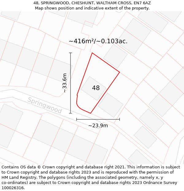 48, SPRINGWOOD, CHESHUNT, WALTHAM CROSS, EN7 6AZ: Plot and title map