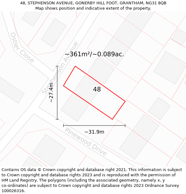 48, STEPHENSON AVENUE, GONERBY HILL FOOT, GRANTHAM, NG31 8QB: Plot and title map