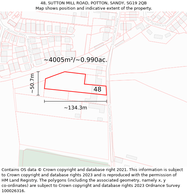 48, SUTTON MILL ROAD, POTTON, SANDY, SG19 2QB: Plot and title map