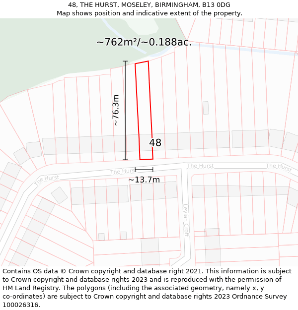 48, THE HURST, MOSELEY, BIRMINGHAM, B13 0DG: Plot and title map