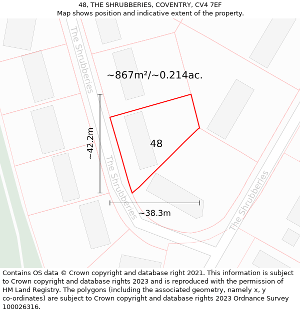 48, THE SHRUBBERIES, COVENTRY, CV4 7EF: Plot and title map