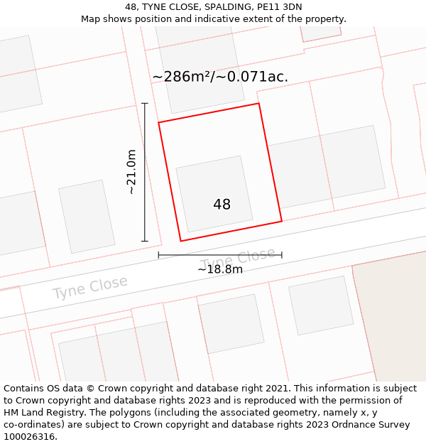 48, TYNE CLOSE, SPALDING, PE11 3DN: Plot and title map