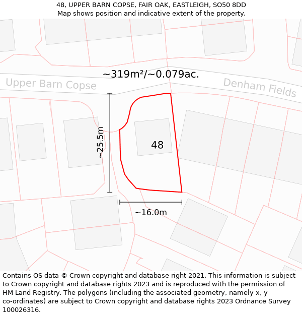 48, UPPER BARN COPSE, FAIR OAK, EASTLEIGH, SO50 8DD: Plot and title map