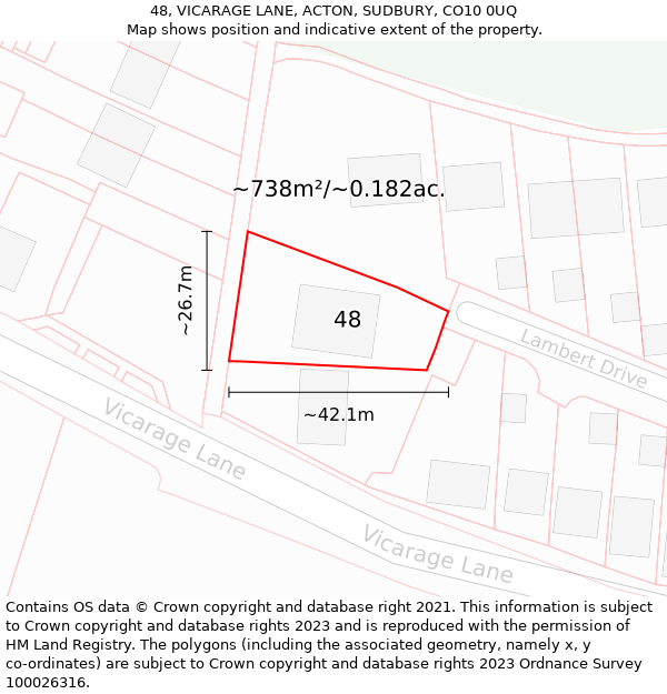 48, VICARAGE LANE, ACTON, SUDBURY, CO10 0UQ: Plot and title map