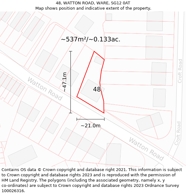 48, WATTON ROAD, WARE, SG12 0AT: Plot and title map