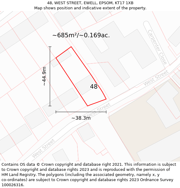 48, WEST STREET, EWELL, EPSOM, KT17 1XB: Plot and title map