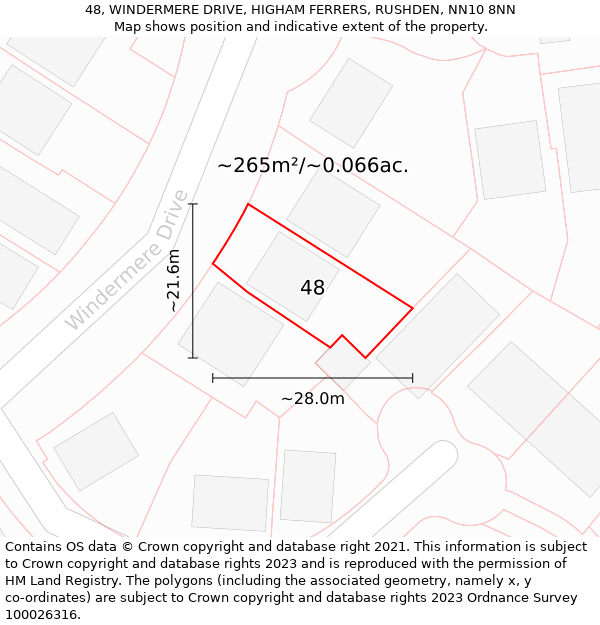 48, WINDERMERE DRIVE, HIGHAM FERRERS, RUSHDEN, NN10 8NN: Plot and title map