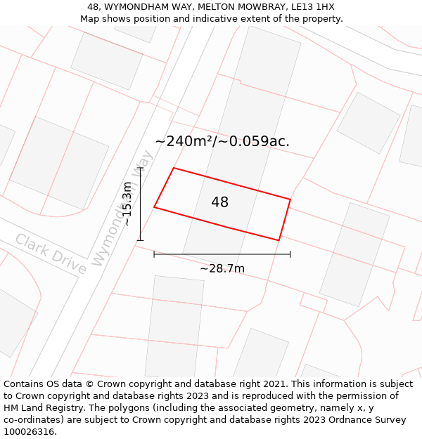 48, WYMONDHAM WAY, MELTON MOWBRAY, LE13 1HX: Plot and title map